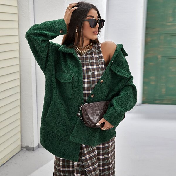 

Curved Hem Flap Pocket Teddy Coat, Dark green