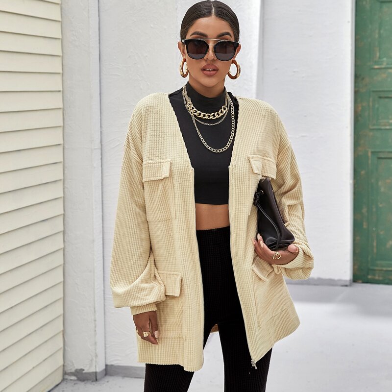 

Drop Shoulder Flap Pocket Textured Coat, Beige