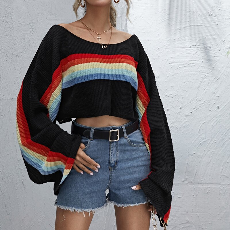 

Boat Neck Rainbow Stripe Oversized Sweater, Black