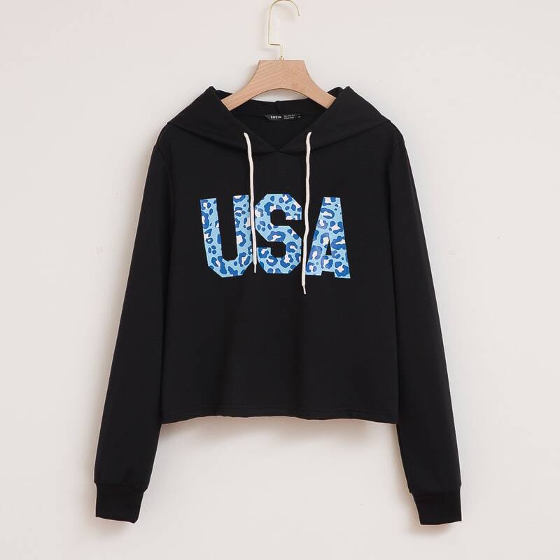 

Letter Graphic Drawstring Hoodie, Black