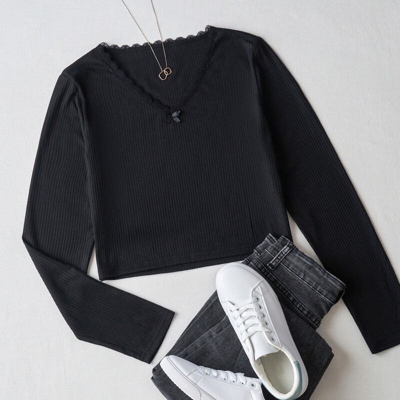 

Ribbed Lace Trim Tee, Black
