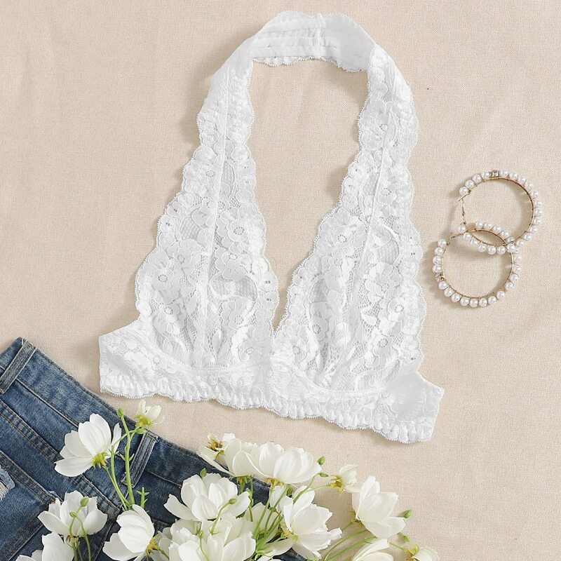 

Floral Lace Halter Bralette, White