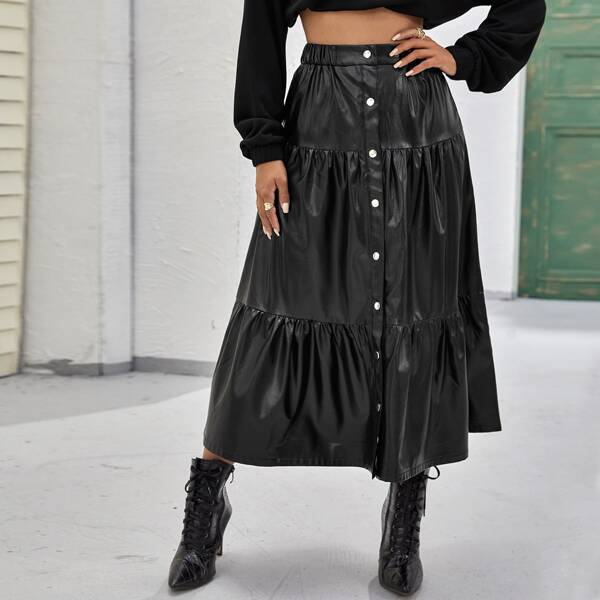 

Single Studded Front Tiered Hem PU Skirt, Black