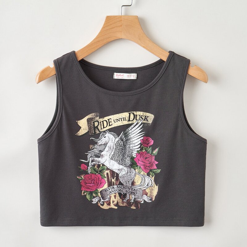 

Unicorn & Floral Crop Tank, Dark grey