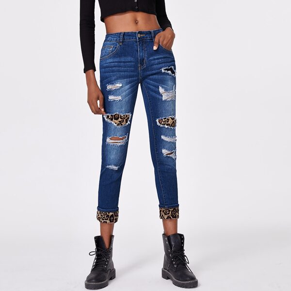 

Bleach Wash High Stretch Leopard Panel Jeans, Dark wash