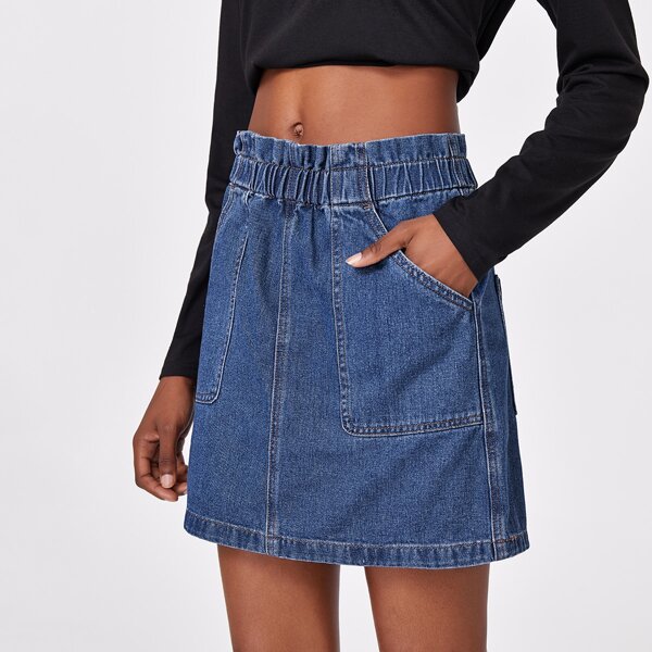 

Paperbag Waist Slant Pocket Denim Skirt, Medium wash