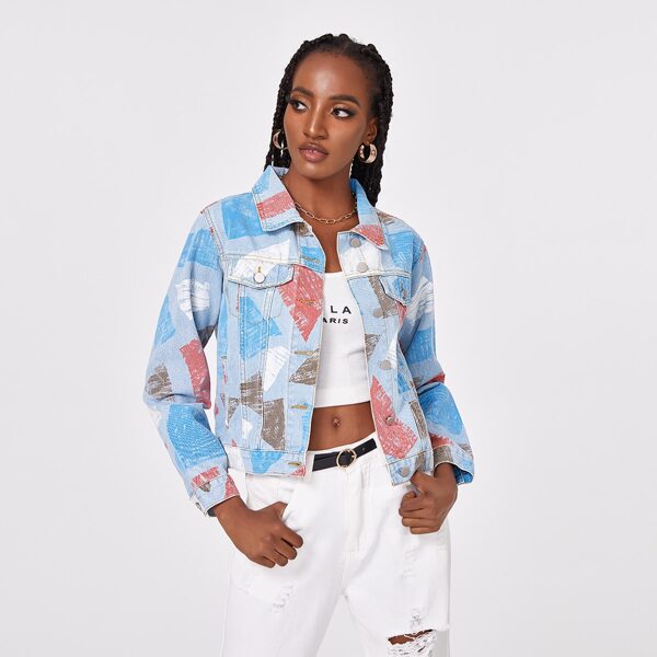 

Button Front Geometric Denim Jacket, Multicolor