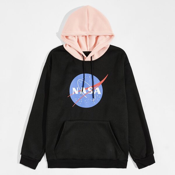 

Men Letter Graphic Kangaroo Pocket Drawstring Hoodie, Black