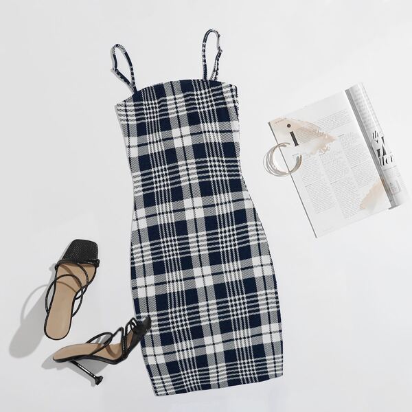 

Plaid Print Bodycon Dress, Blue and white