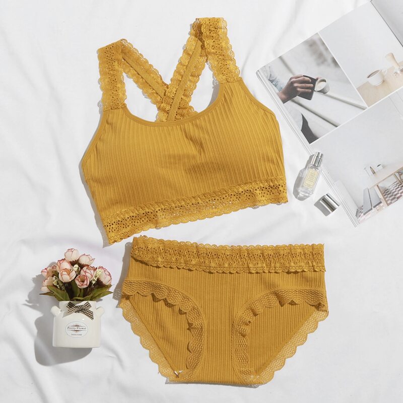 

Lace Trim Crisscross Lingerie Set, Mustard yellow