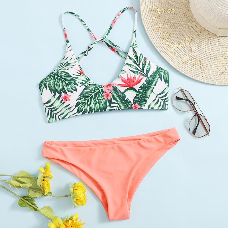 

Tropical Crisscross Back Bikini Swimsuit, Multicolor