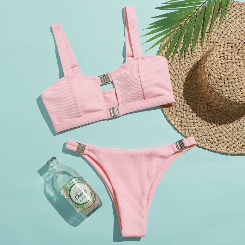 

Buckle Decor Ribbed Bikini Swimsuit, Baby pink