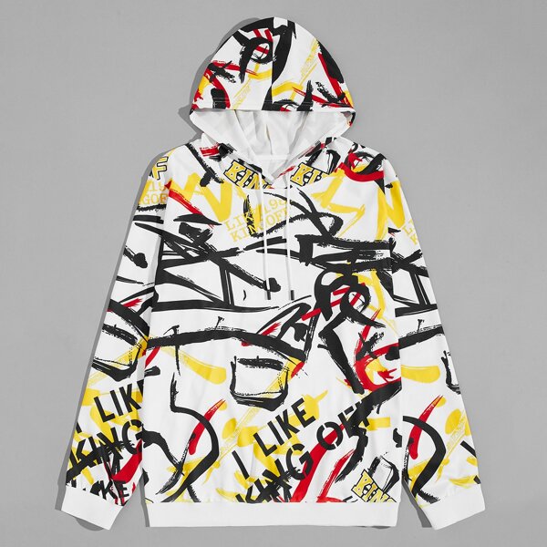 

Men Letter & Graphic Print Hoodie, Multicolor
