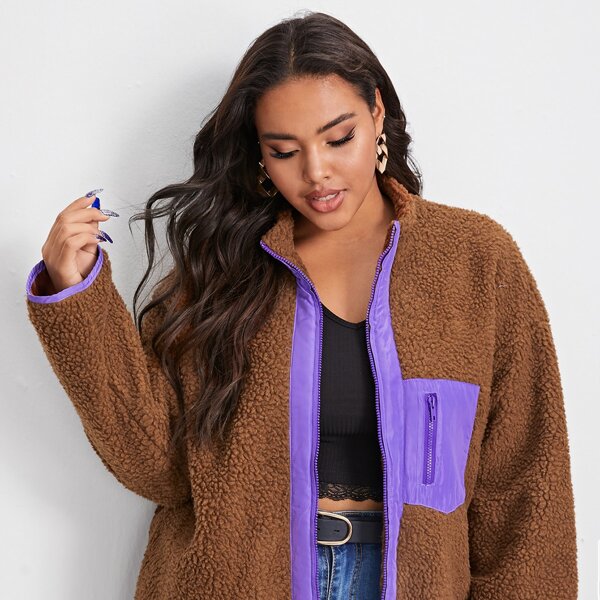 

Plus Contrast Trim Zip Pocket Patched Teddy Coat, Coffee brown