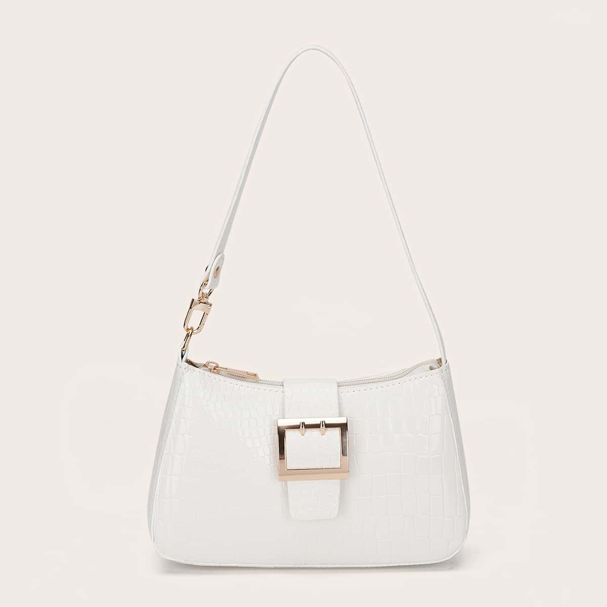 

Buckle Decor Croc Embossed Baguette Bag, White