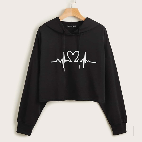 

Drop Shoulder Heartbeat Print Drawstring Hoodie, Black