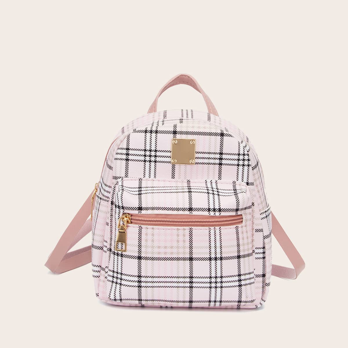 

Pocket Front Plaid Backpack, Pink