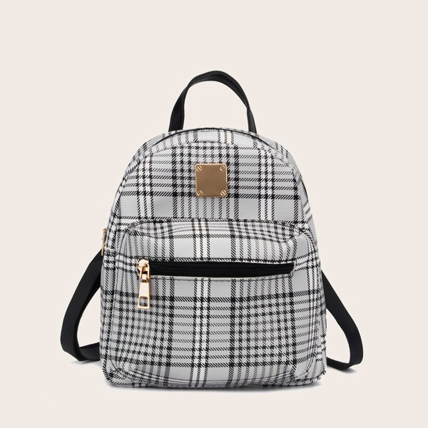 

Pocket Front Plaid Backpack, Black