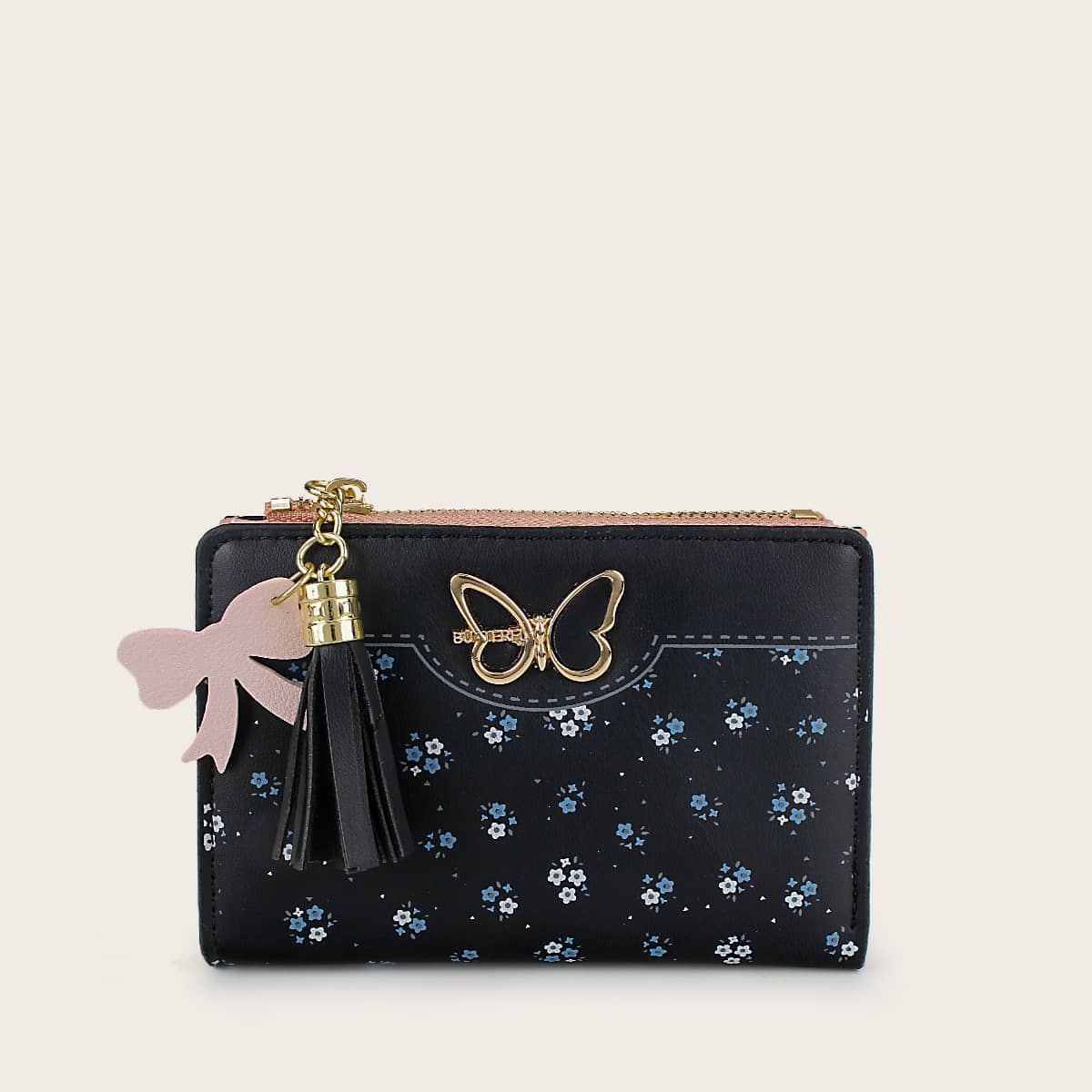 

Butterfly Decor Tassel Charm Ditsy Floral Purse, Black