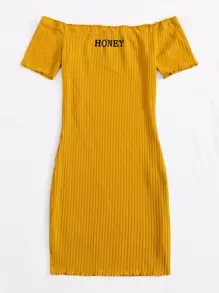 Muchica 字母圖案生菜邊羅紋針織露肩洋裝