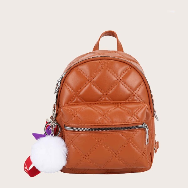 

Pom-pom Charm Zipper Front Quilted Backpack, Brown