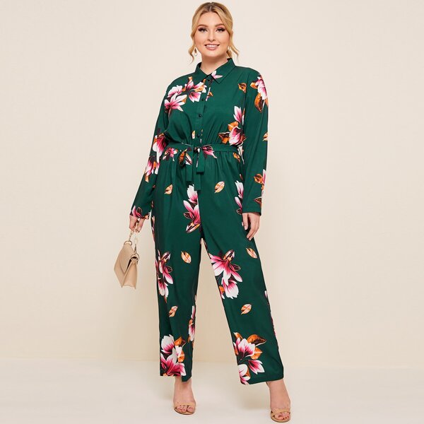 

Plus Floral Print Button Front Wide Leg Belted Jumpsuit, Dark green