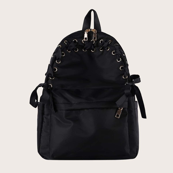 

Kids Lace-up Decor Pocket Front Backpack, Black