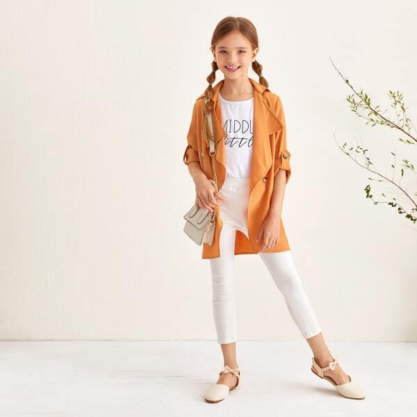 

Girls Drape Collar Rolled Tab Sleeve Coat, Orange