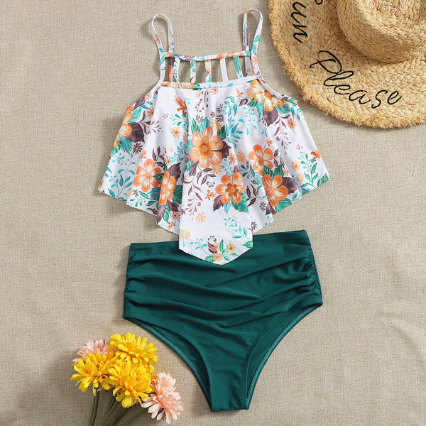 

Floral Cut-out Hanky Hem High Waisted Bikini Swimsuit, Multicolor