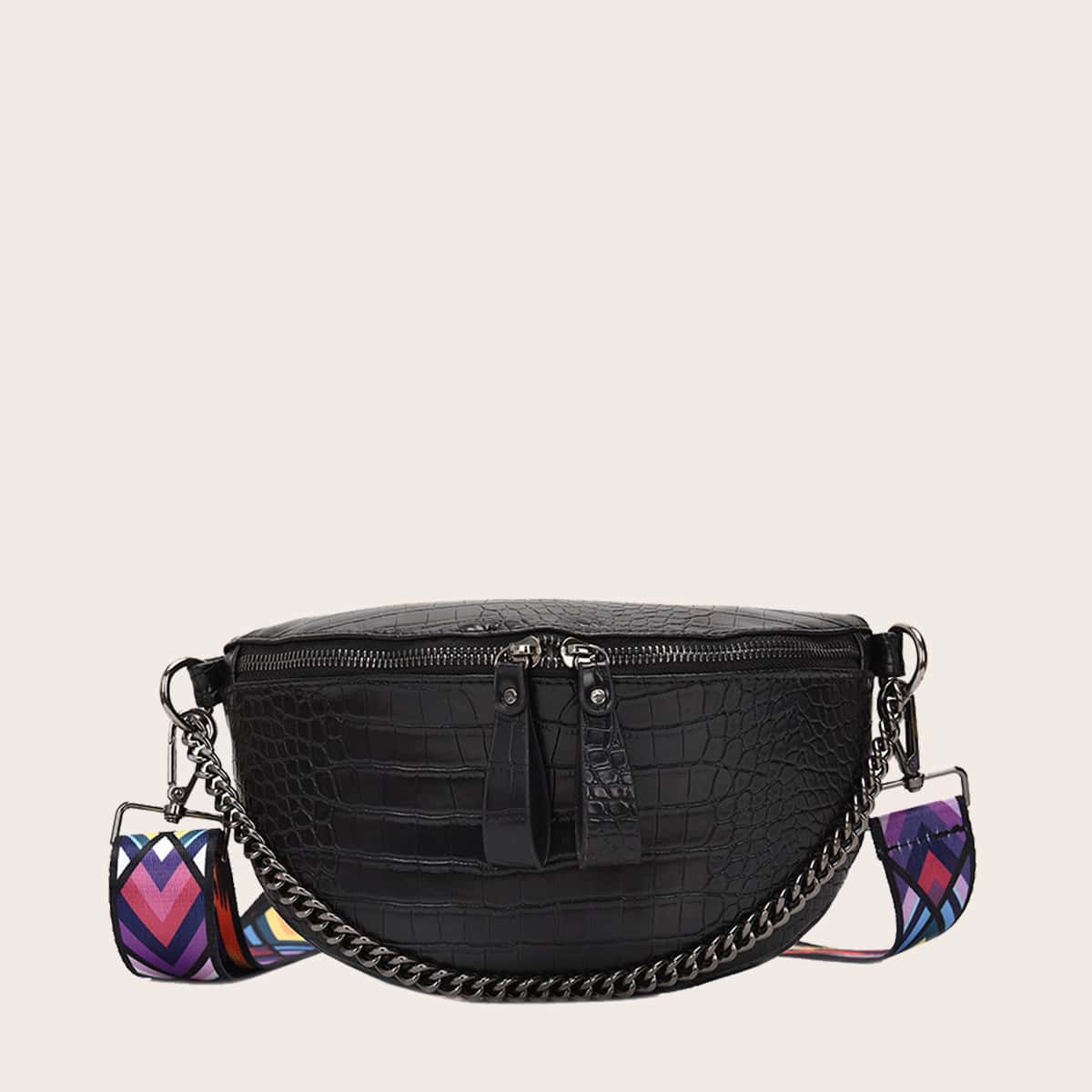 

Croc Embossed Zip Front Fanny Pack, Black