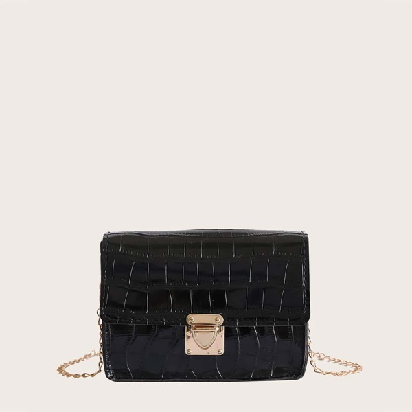 

Girls Push Lock Croc Embossed Crossbody Bag, Black