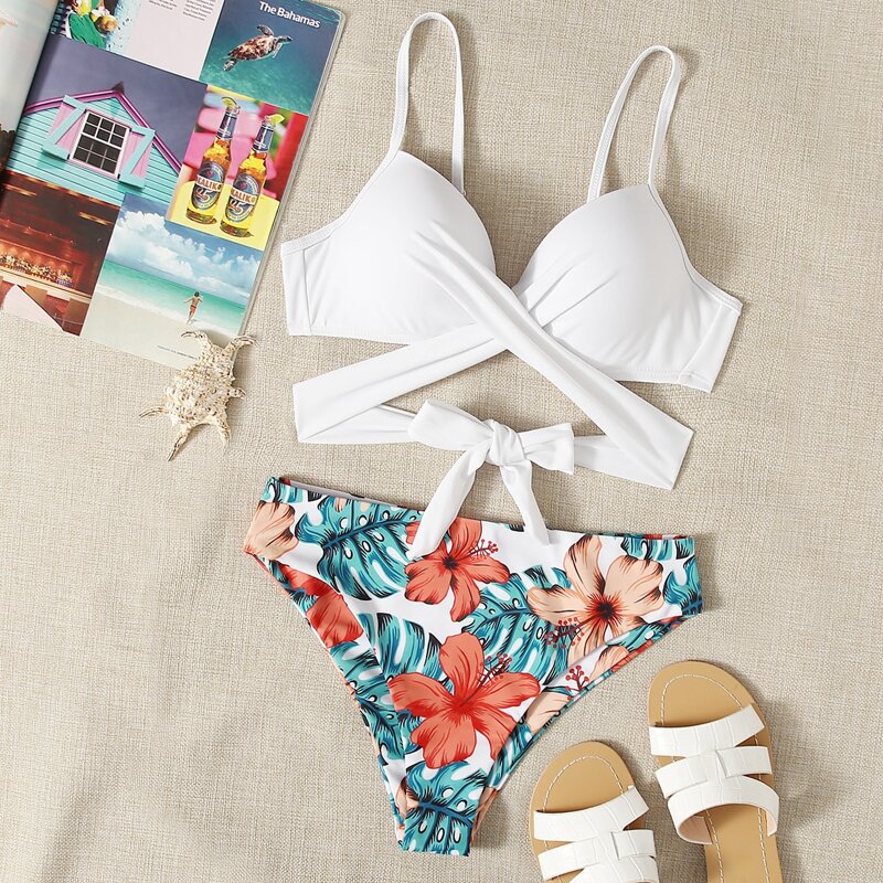 

Floral & Tropical Push Up Tie Back Bikini Swimsuit, Multicolor