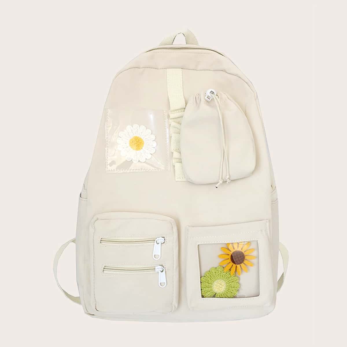 

Flower Decor Pocket Front Backpack, Beige