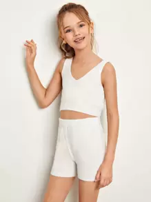 SHEIN Bộ hai mảnh Gái màu trơn Giải trí - trắng - Xem 3