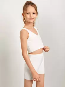 SHEIN Bộ hai mảnh Gái màu trơn Giải trí - trắng - Xem 1