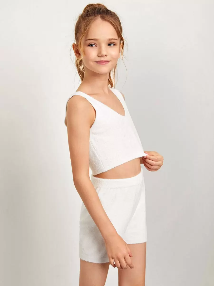 SHEIN Bộ hai mảnh Gái màu trơn Giải trí - trắng - Xem 1
