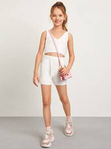 SHEIN Bộ hai mảnh Gái màu trơn Giải trí - trắng - Xem 4
