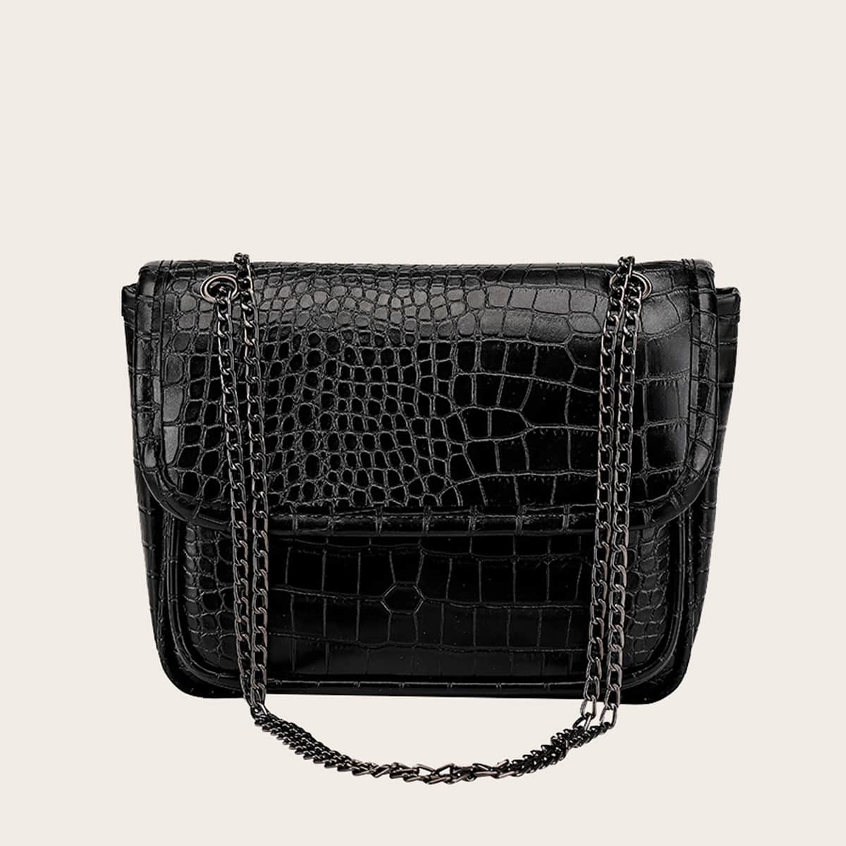 

Croc Embossed Chain Crossbody Bag, Black