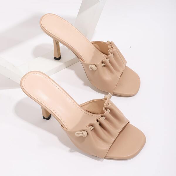 

Open Toe Ruched Decor Stiletto Heeled Mules, Apricot