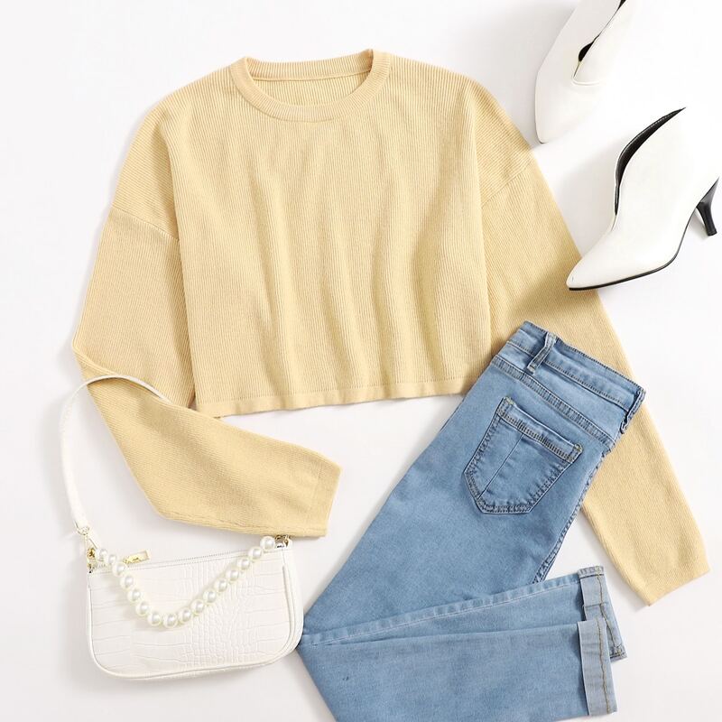 

Drop Shoulder Rib-knit Sweater, Khaki