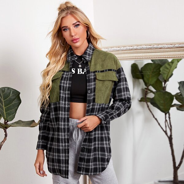 

Collared Flap Pocket Front Cord Panel Plaid Blouse, Black