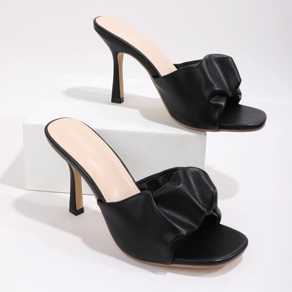 

Open Toe Ruched Decor Stiletto Heeled Mules, Black