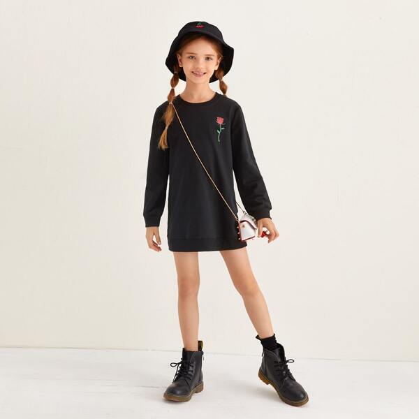 

Girls Rose Print Sweatshirt Dress, Black