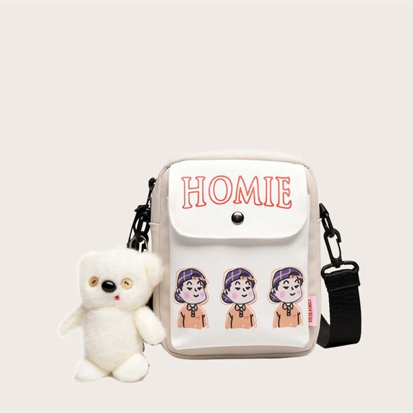 

Girls Figure Graphic Crossbody Bag With Bag Charm, Beige