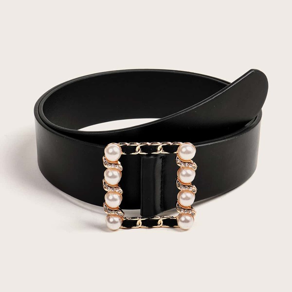 

Faux Pearl Decor Buckle Belt, Black