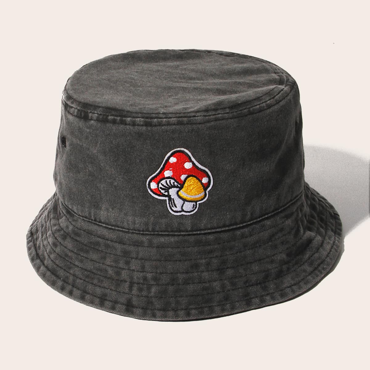 

Mushroom Embroidered Bucket Hat, Grey