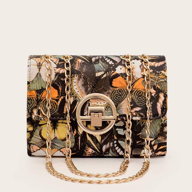 

Butterfly Print Chain Crossbody Bag, Multicolor