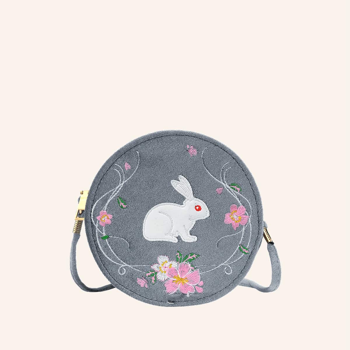 

Rabbit & Floral Embroidery Round Bag, Grey