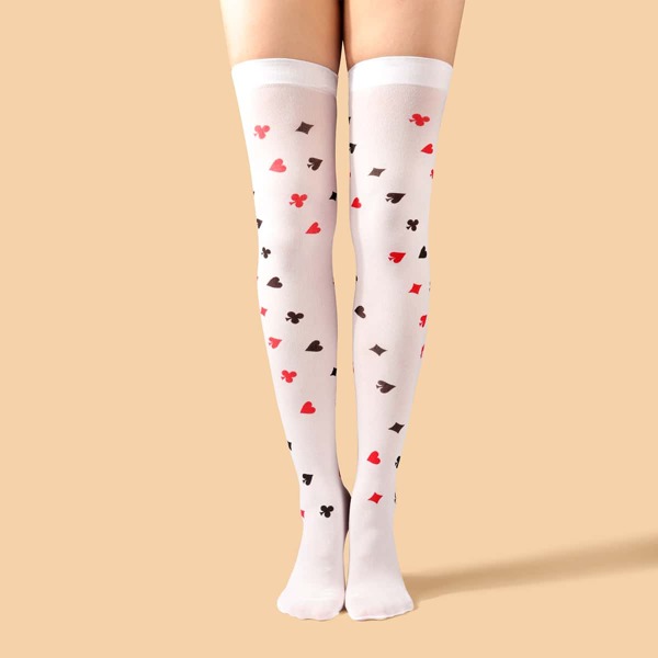 

Playing Card Suit Pattern Over The Knee Socks, White