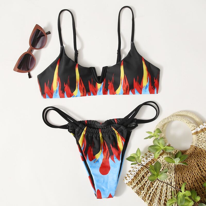 

Fire Print V Wired Thong Bikini Swimsuit, Multicolor